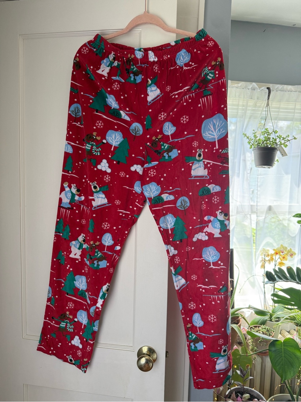 Women’s Red Holiday Pajama Pants with Festive Penguin Print